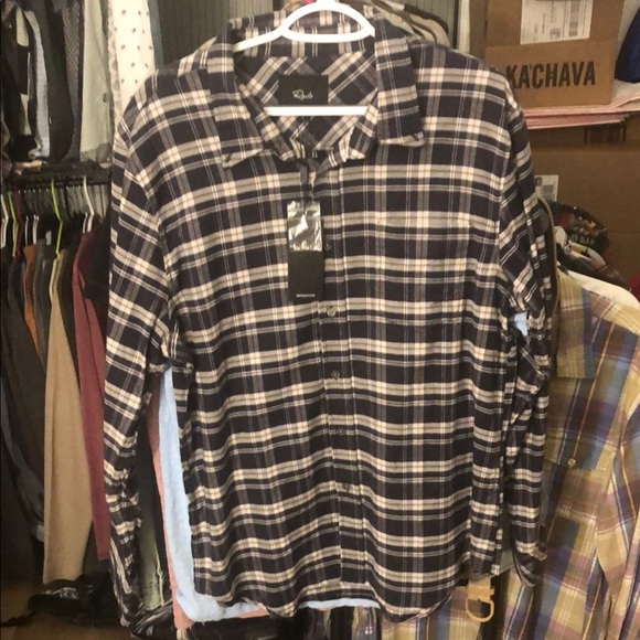 Rails “Reid” Plaid Stretch Navy Lentil Cream Cotton Button Down Shirt - Picture 1 of 9